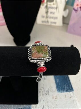 Sterling Silver Unakite Coral Gemstone Stone Cuff Bracelet